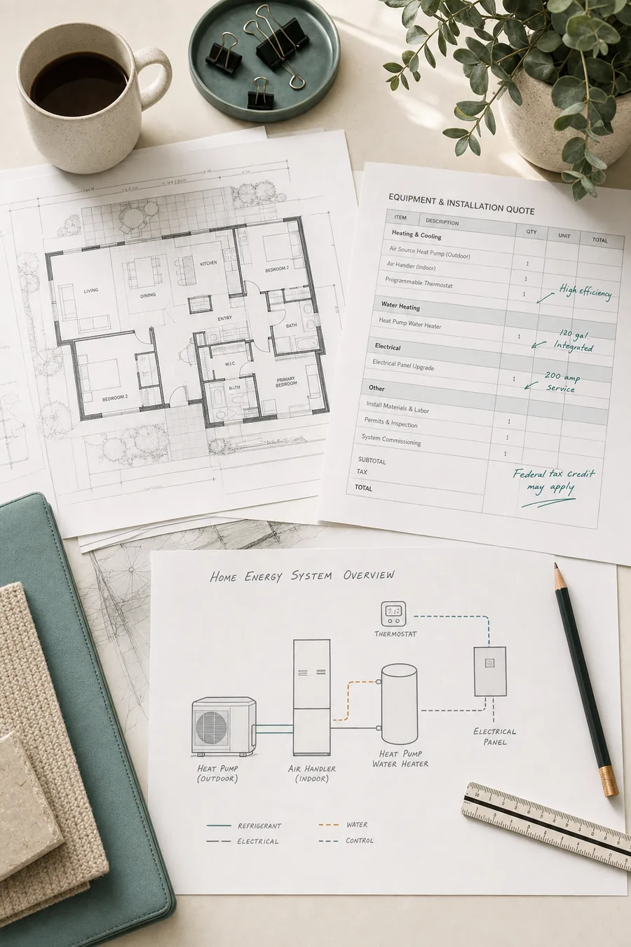 Home energy planning materials on a desk: floor plans, an annotated equipment quote, and a hand-drawn system diagram.