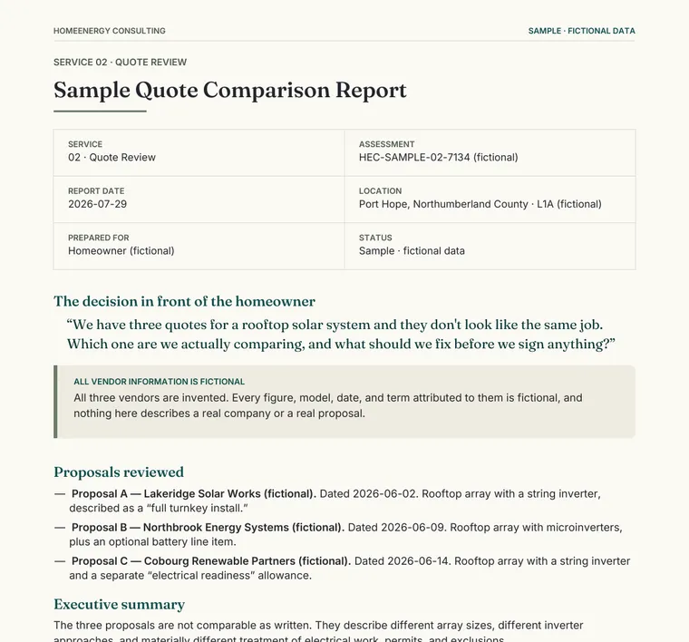 Fictional sample Quote Comparison Report showing proposals reviewed and an executive summary