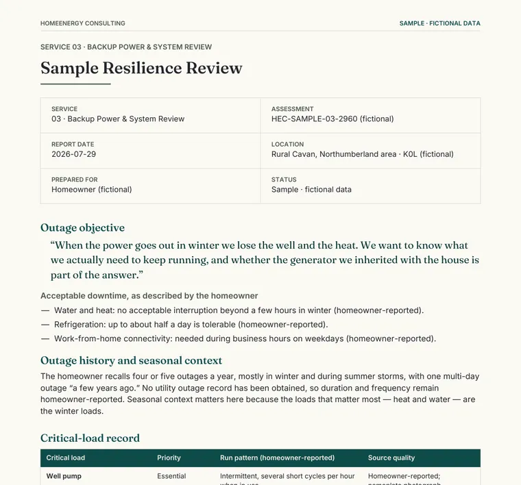 Fictional sample Resilience Review showing the outage objective and critical-load record