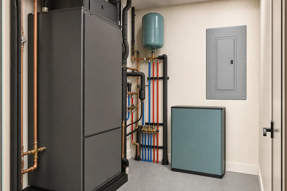 A tidy residential utility room showing an air handler, insulated piping, a compact home battery enclosure and an electrical panel.